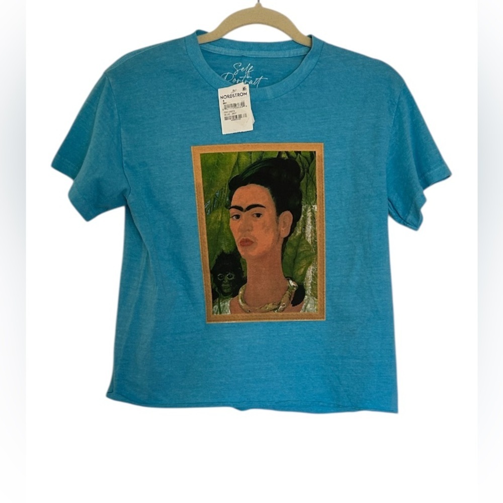 Self Portrait Blue Sky Frida Kahlo with Monkey Short Sleeve Tee Shirt Size Small